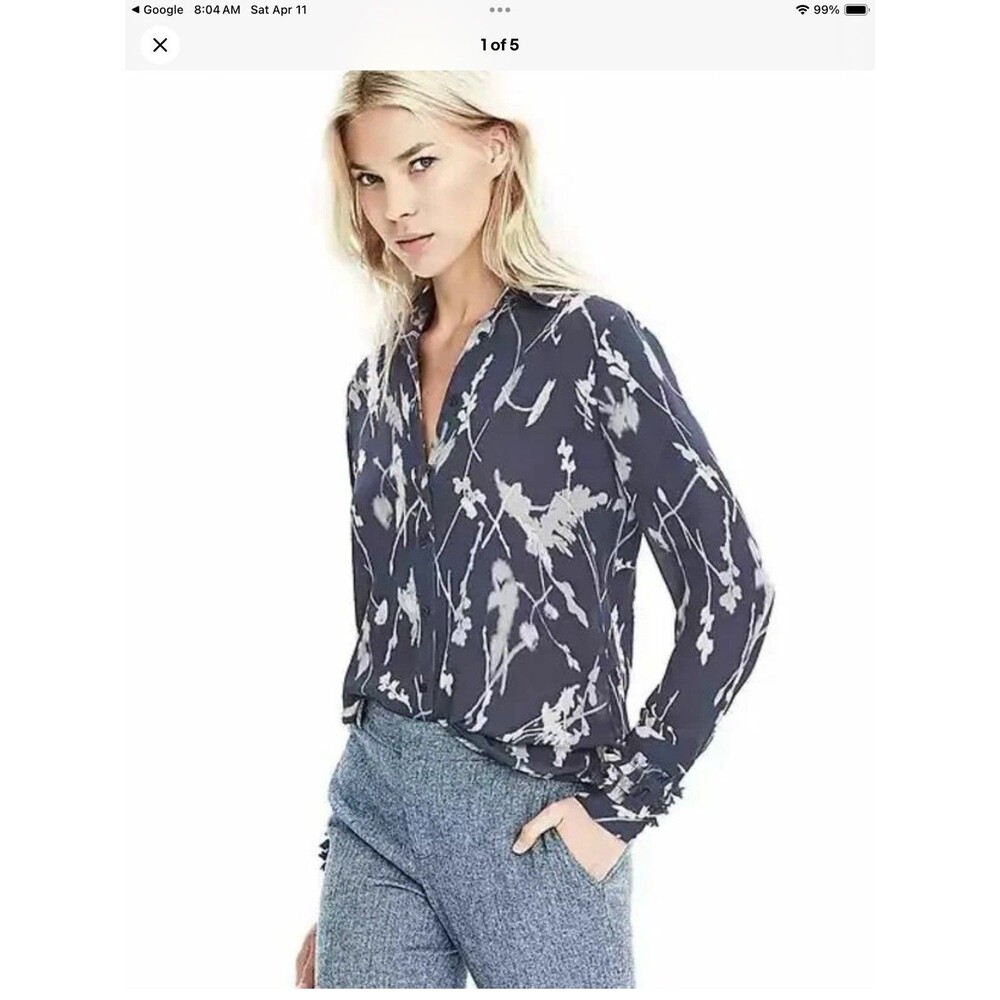 Banana Republic Dillon Blouse Small Blue Gray Floral Button Down Shirt EUC Chic